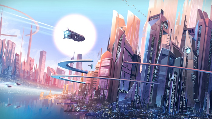 futuristic city, digital art, cityscape, spaceship