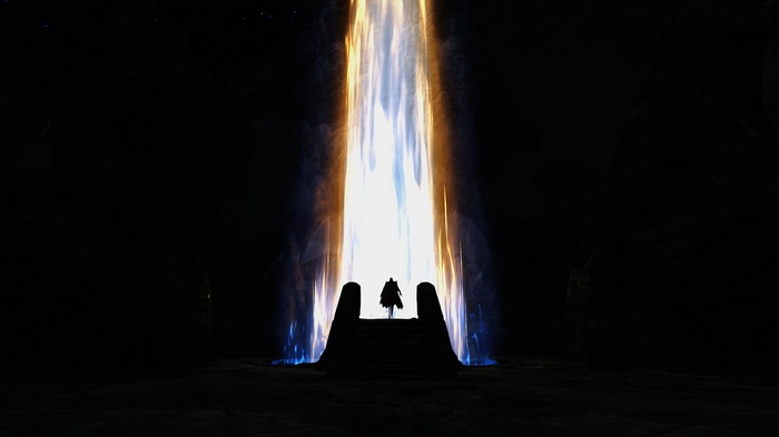 Two figures stand before a glowing portal in Skyrim