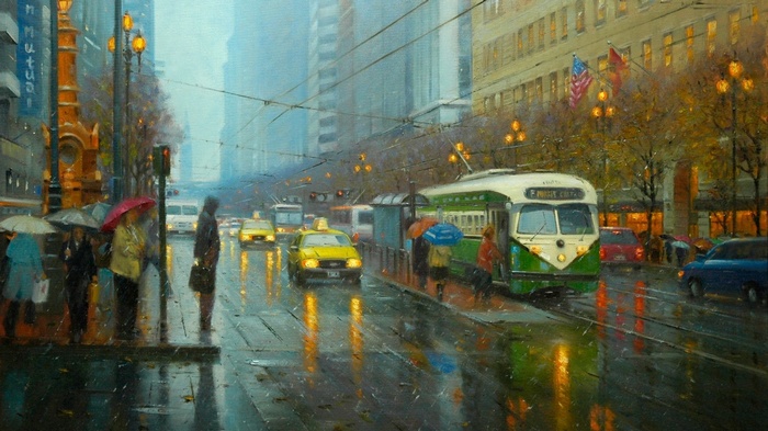Vintage San Francisco streetcar in the rain