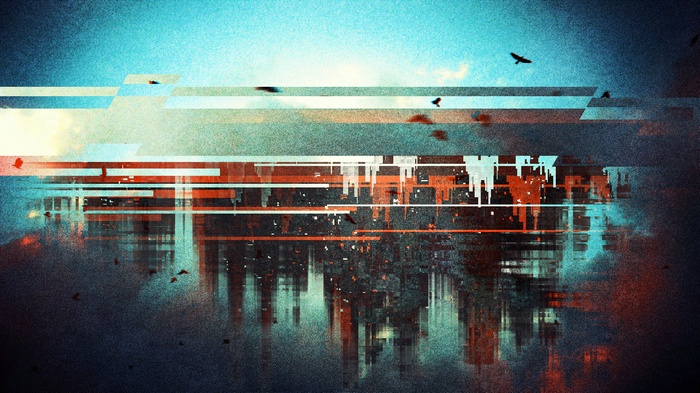 Abstract cityscape with birds and digital distortion