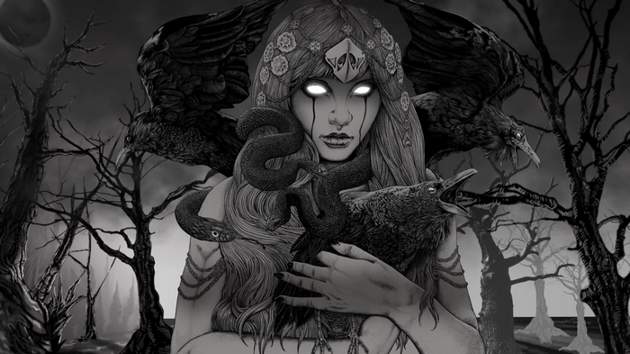 Monochrome woman with glowing eyes and ravens
