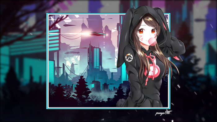 D.Va from Overwatch in a bunny hoodie with a futuristic city background