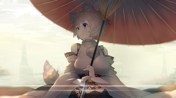 Touhou, Japanese kimono, Japanese umbrella, anime, tail, animal ears, anime girls, short hair, Inubashiri Momiji