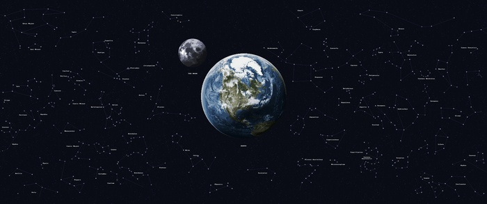 Earth and Moon in Space with Constellations