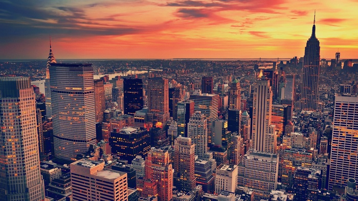 New York City skyline at sunset