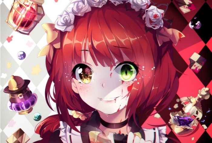 Anime girl with heterochromia and blood