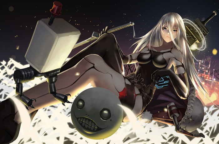 sky, androids, elbow gloves, long hair, carousel, sitting, white flowers, building, fireworks, katana, gloves, black gloves, shoes, sword, shorts, Nier: Automata, eyebrows, camisole, drone, A2 (Nier: Automata), weapon, tank top