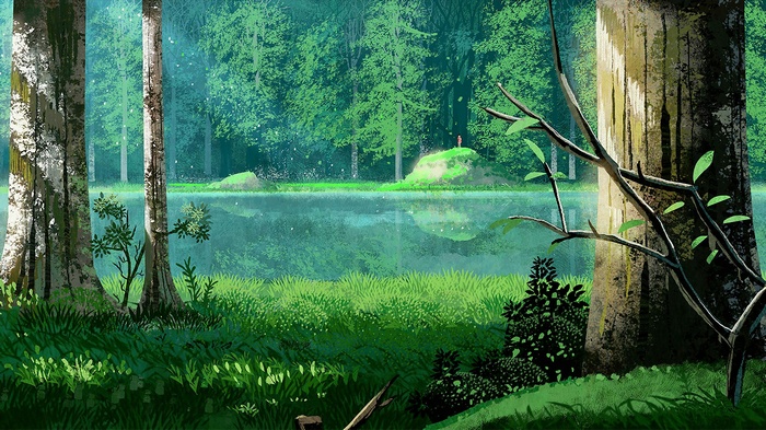 A person stands on a hill by a lake in a forest