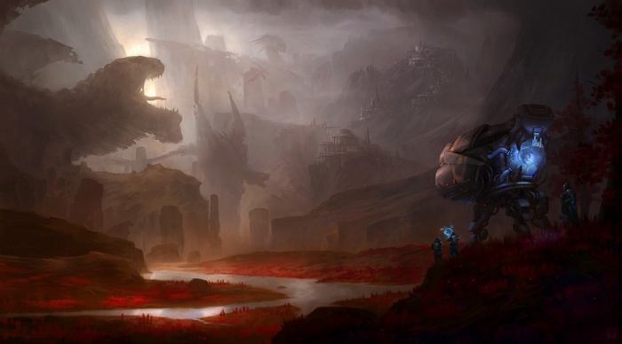 Futuristic fantasy art landscape with robots and ancient structures