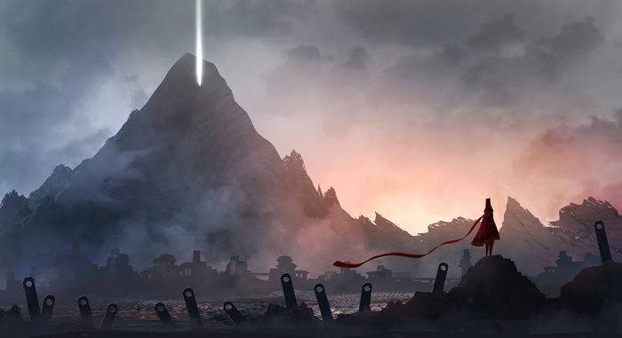 Figure in red robe looking at mountain with light beam