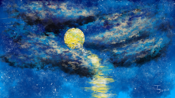 Moonlight reflecting on water with stars and clouds