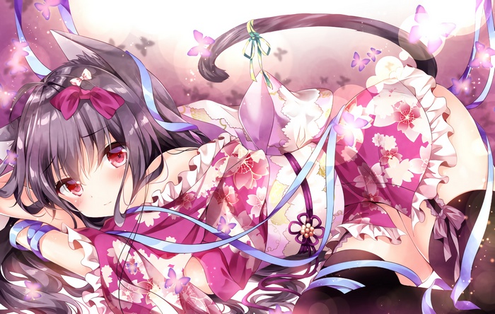 cat girl, yukata, anime girls, Japanese clothes, lolita fashion, waifu2x, anime