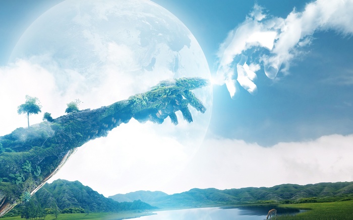 The Creation of Adam, Moon, plants, double exposure, hills, nature, moss, forest, deer, birds, grass, clouds, hands, lake, trees, God, digital art, fingers