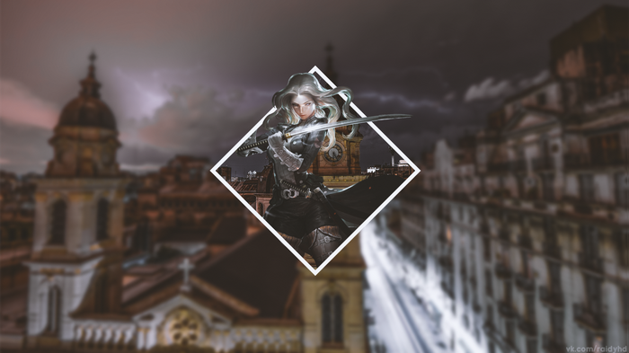 Anime girl with sword in front of city buildings
