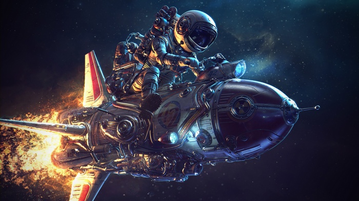 Astronaut riding a steampunk rocket through space