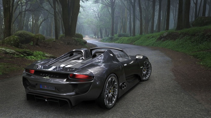 Porsche 918 Spyder on a misty forest road
