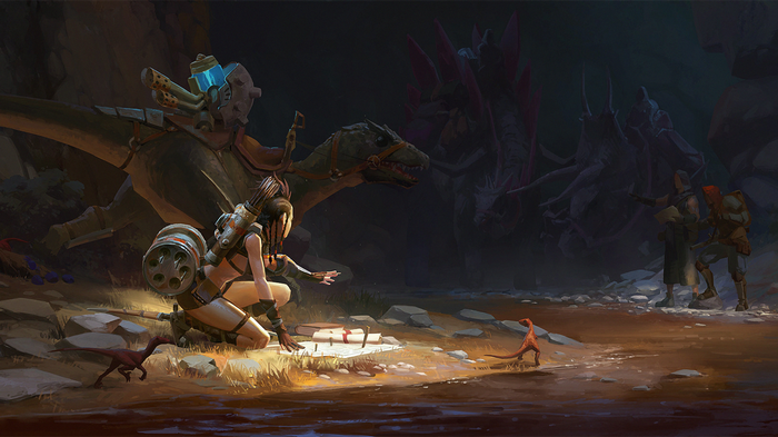Fantasy art of archer with dinosaurs and explorers