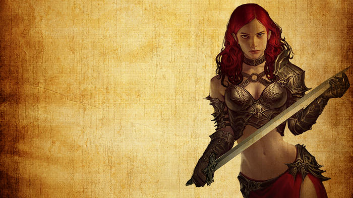 Fantasy woman with red hair holding a sword