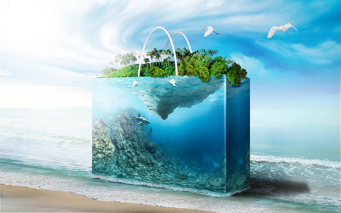 Shopping bag with island and underwater scene