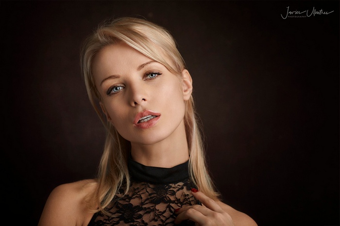 women, black clothing, wide jaw, simple background, face, blonde, open mouth, portrait, lace, Javier Ullastres, blue eyes, Ekaterina Enokaeva