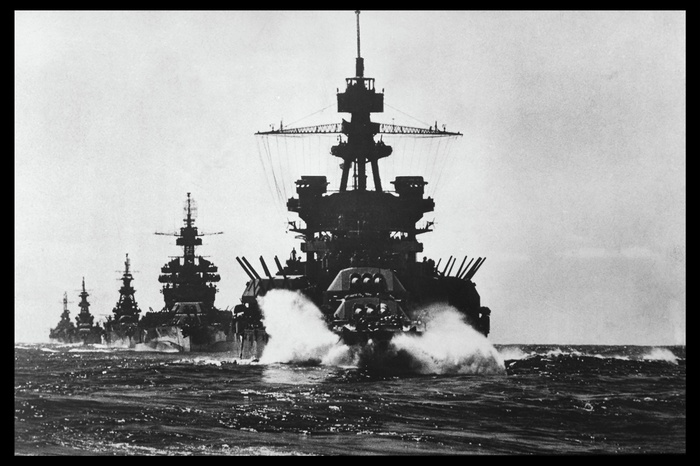 Battleships sailing in formation during World War II