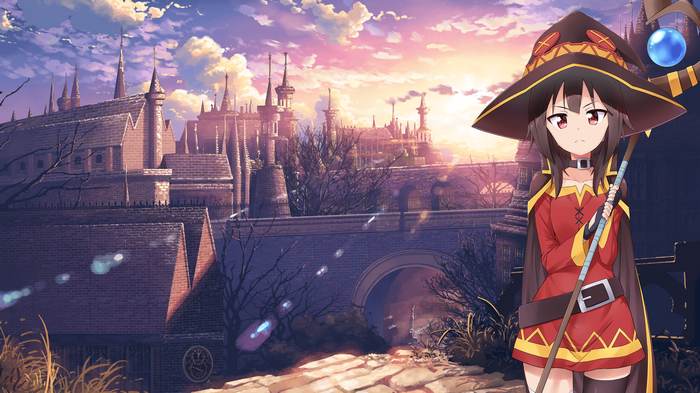 Megumin from Kono Subarashii Sekai ni Shukufuku wo! in a fantasy city