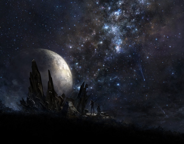 Two figures stand on a rocky outcrop under a starry sky with a large moon.