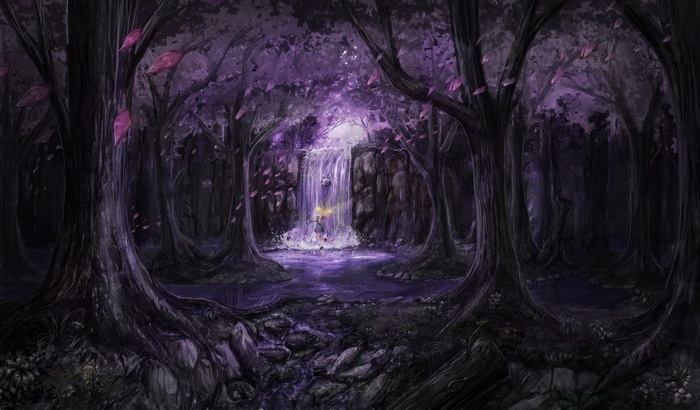 A fairy with wings near a waterfall in a purple forest