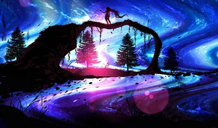 Girl on a tree branch in a cosmic landscape