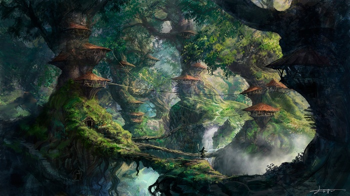 Fantasy forest village with treehouses and a lone traveler