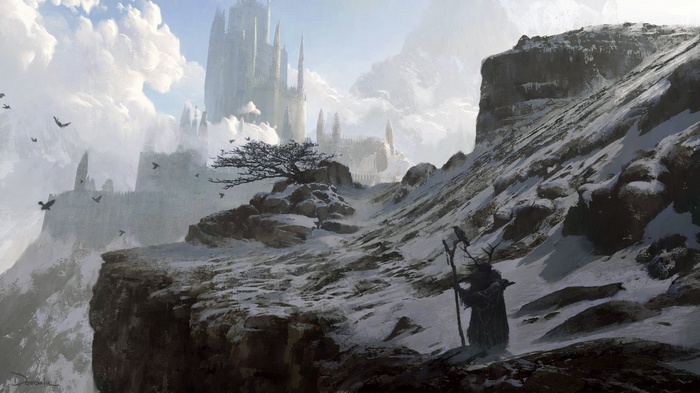 Fantasy castle in snowy mountains with a robed figure