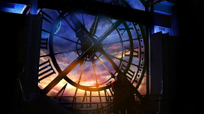 Clock tower with a starry sky and sunset
