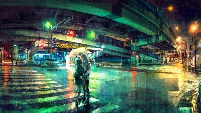 Couple under umbrella at night in the rain