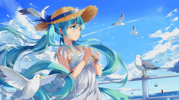 anime girls, sea, Vocaloid, blue hair, clear sky, anime, seagulls