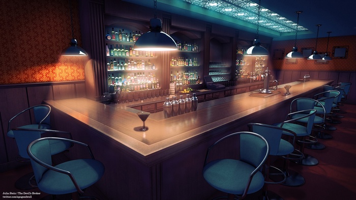 Bar interior with stools and liquor bottles