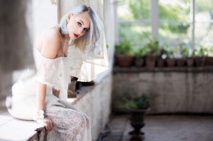 white dress, blue eyes, dress, bare shoulders, Pascal Martin, see-through clothing, tattoo, blonde, cleavage, no bra, women, dyed hair, lace