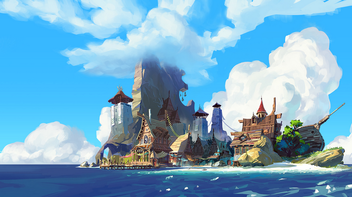 Digital art of a coastal village with a mountain backdrop