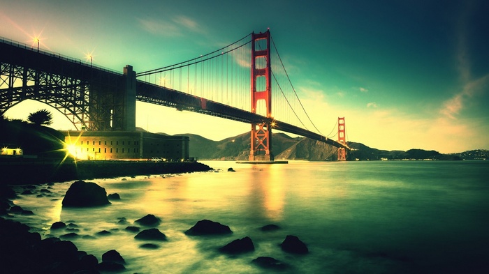 Golden Gate Bridge at sunset with long exposure