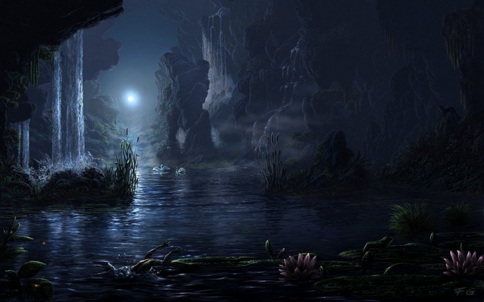 Enchanted cave with waterfall and moonlit pond
