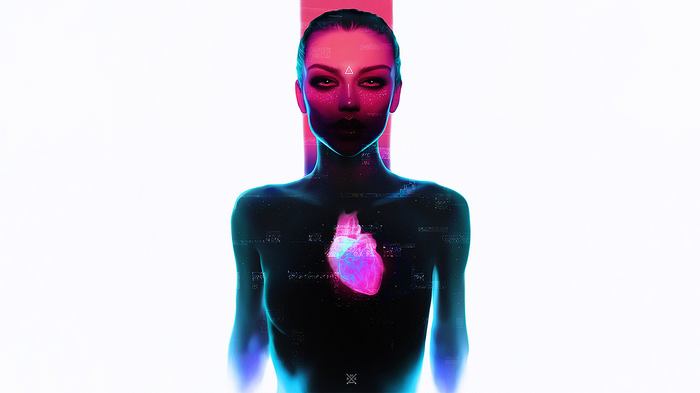 Woman with glowing heart on white background