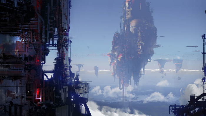Science fiction city with floating structures and aircraft