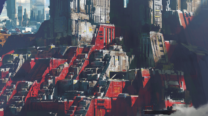 Futuristic city built into a mountain with red accents