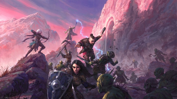 Fantasy battle between warriors and goblins in mountains