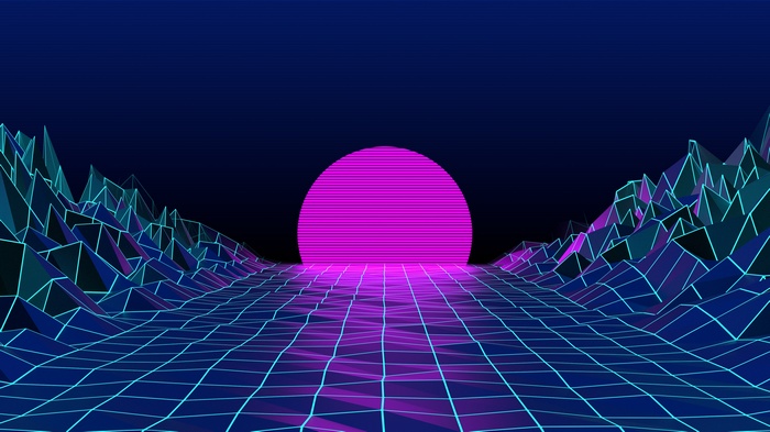 Retro synthwave landscape with neon grid and sun