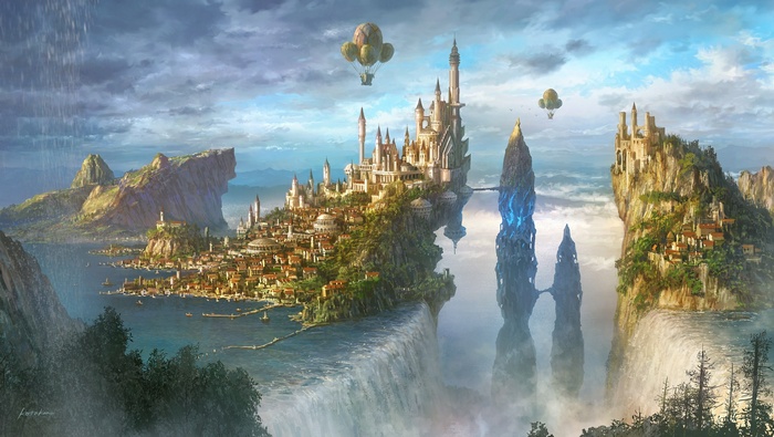 Fantasy city on cliffs with waterfalls and airships