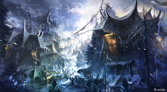 Fantasy village in a snowy forest with mountains