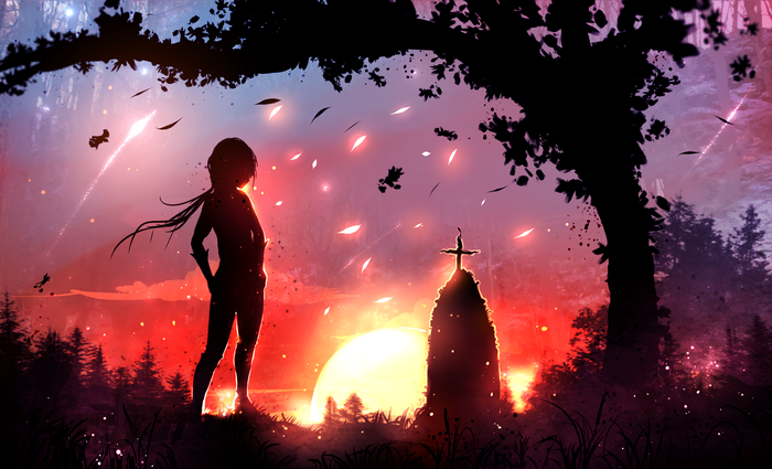 Silhouette of a girl and a cross at sunset