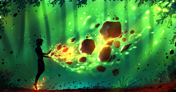 Korra using earthbending in a green forest