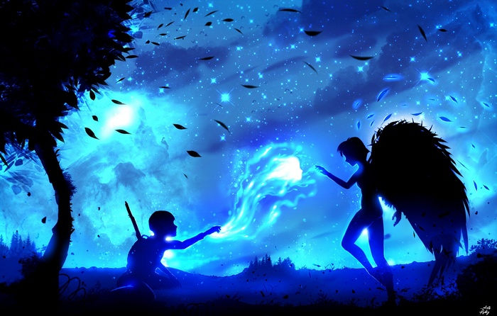 Anime angel and child reaching for magical energy