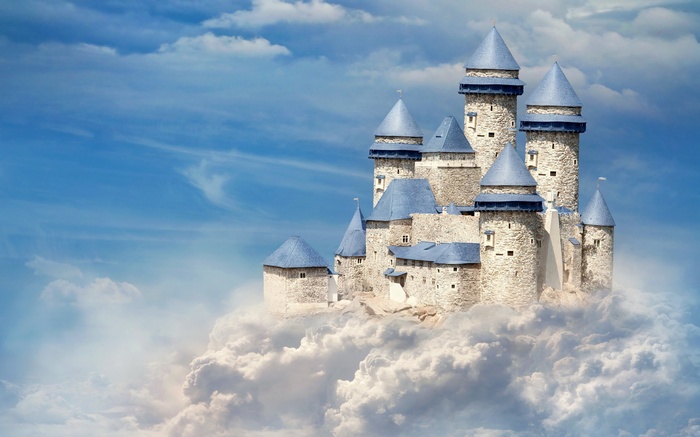 Castle floating on clouds in a blue sky